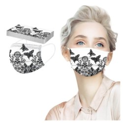 Masques de protection visage / bouche - jetables - 3 plis - pour adultes - imprimé papillons noirs - 50 pièces