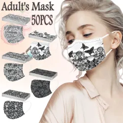 Skyddande ansikts-/munmasker - engångs - 3-skikts - för vuxna - svarta fjärilar tryck - 50 stycken