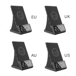 Trådlös snabbladdare - telefonhållare - Bluetooth-högtalare - FM-radio - väckarklocka - LED - USB