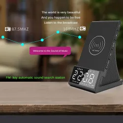 Trådlös snabbladdare - telefonhållare - Bluetooth-högtalare - FM-radio - väckarklocka - LED - USB