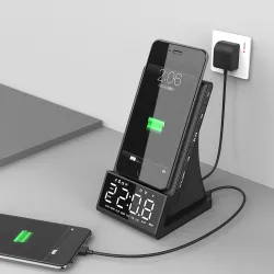 Chargeur rapide sans fil - support de téléphone - haut-parleur Bluetooth - radio FM - réveil - LED - USB