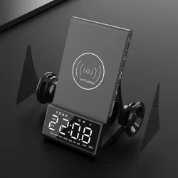 Trådlös snabbladdare - telefonhållare - Bluetooth-högtalare - FM-radio - väckarklocka - LED - USB