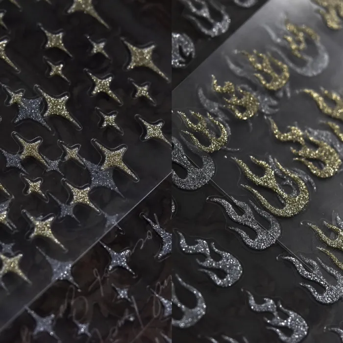 Nagelsticker - Gold / Silber - Flamme / Sterne / weiße Wolken