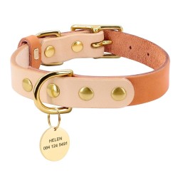 Leather collar - for dogs / cats - personalized pet name - phone number - ID tag