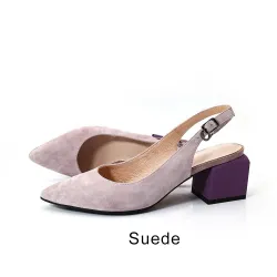 Eleganckie letnie sandały - czółenka bez pięty - zamsz / skóra - gruby obcasWysokie obcasy