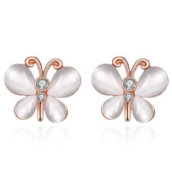 Kolczyki sztyfty z różowego złota - z kryształkami / białym opalem - w kształcie motylaKolczyki