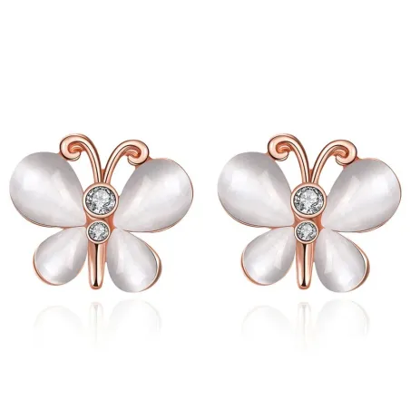 Roségoldene Ohrstecker - mit Kristallen / weißer Opal - Schmetterlingsform