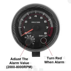 Varvräknare med LED - 3 3/4" 12V - bilmätare - 0-8000 RPM - kolfiber - 3,75 tum 95mm