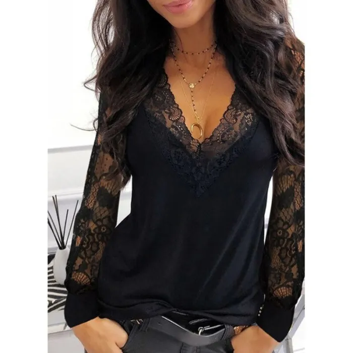 Sexy t-shirt - kanten top - V-hals - lange mouwBlouses & overhemden