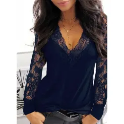 Sexy T-Shirt - Spitzentop - V-Ausschnitt - Langarm