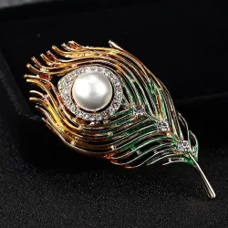 Trendige Brosche mit Feder / Perle / Kristallen