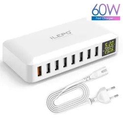 Szybka ładowarka QC3.0 - 8-portowy HUB USB - wyświetlacz LED - 60WŁadowarki