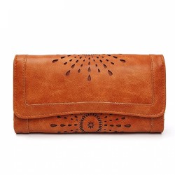 Elegant long retro wallet - with a zipper - hollow-out pattern - leather
