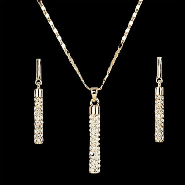 Elegant jewellery set - necklace / earrings - with rhinestones - cylindrical rod pendant