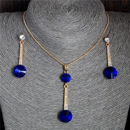 Elegant gold jewellery set - necklace / earrings - with crystals - round hollow pendant