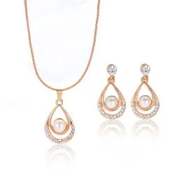 Elegante gouden sieradenset - halsketting / oorbellen - hanger met waterdruppel - met kristallen / parelSieradensets