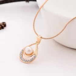 Elegant gold jewellery set - necklace / earrings - water drop pendant - with crystals / pearl