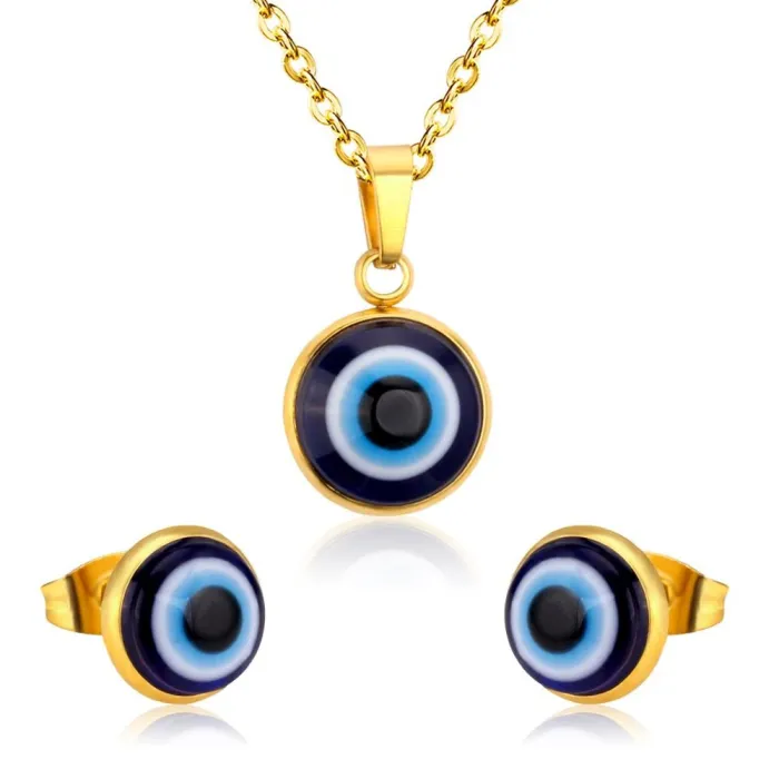 Classic jewellery set - necklace / earrings - with blue / red eye pendant - stainless steel