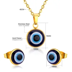 Classic jewellery set - necklace / earrings - with blue / red eye pendant - stainless steel