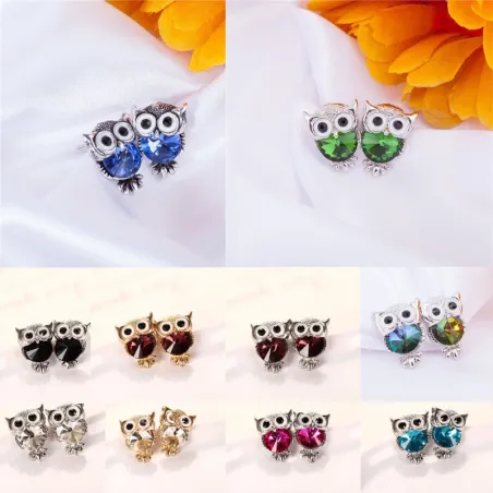AretesStud earrings with owl design - crystal - various colours