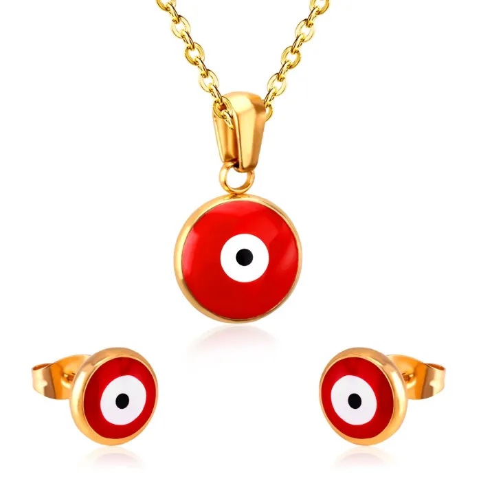 Klassieke sieradenset - halsketting / oorbellen - met blauw / rood oog hanger - roestvrij staalSieradensets