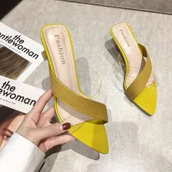 Sexy small heeled sandals - transparent straps / flowers / pearls - pointed toe