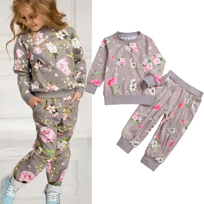 Classic set for kids - long sleeve jumper - pants - with floral print