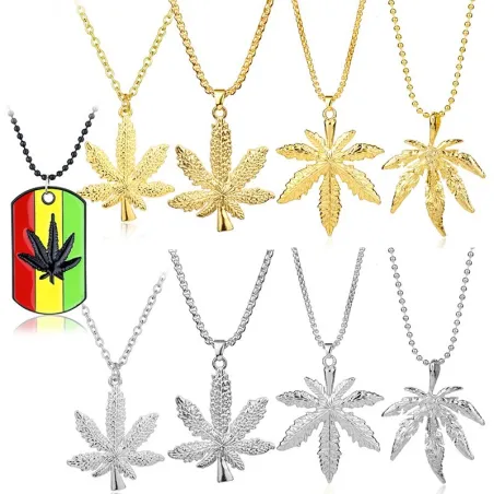 CollarCollar de moda con colgante de hoja de cáñamo - cadena de cuentas - unisex