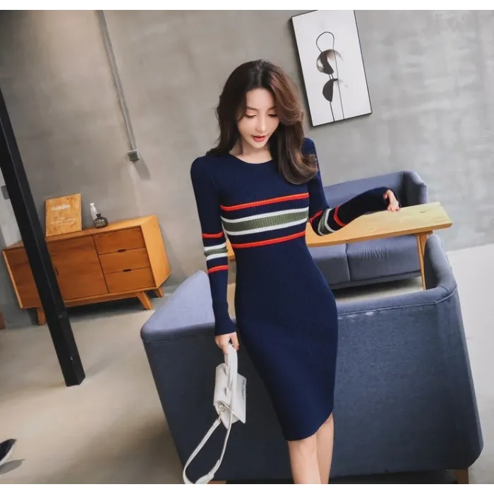 Elegante vestido lápis listrado - com manga longa