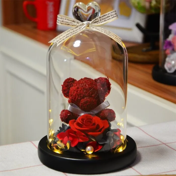 Evig bevaret rose / bamse - i hjerte glaskuppel - med LED - Valentinsdag / fødselsdage / bryllupper