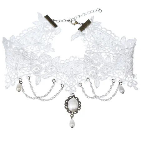 Trendigt vitt spets kort halsband - med kedjor / pärlor - gotisk stil