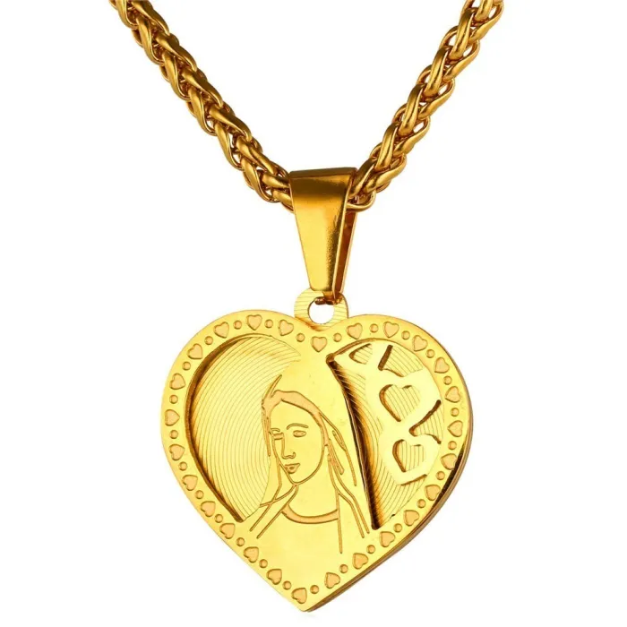 Pendentif en forme de coeur avec Sainte Marie - Collier catholique - acier inoxydable