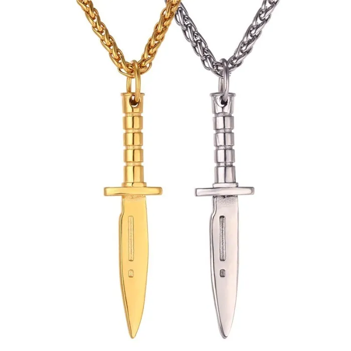 Pendentif en forme de couteau avec collier - style Hip Hop - acier inoxydable