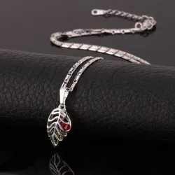 Pendentif en forme de feuille avec cristaux - collier en acier inoxydable