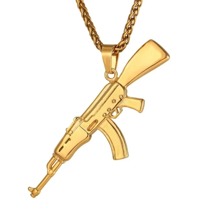 AK47-Anhänger in Form eines Sturmgewehrs – Edelstahlhalskette – Hip-Hop-/Army-Stil