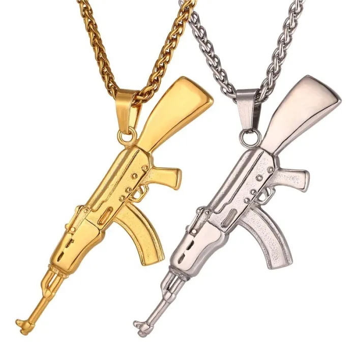 Pendentif en forme de fusil d'assaut AK47 - collier en acier inoxydable - style hip hop / armée