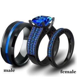 Lussuoso anello per coppie - con zircone blu - acciaio inossidabile