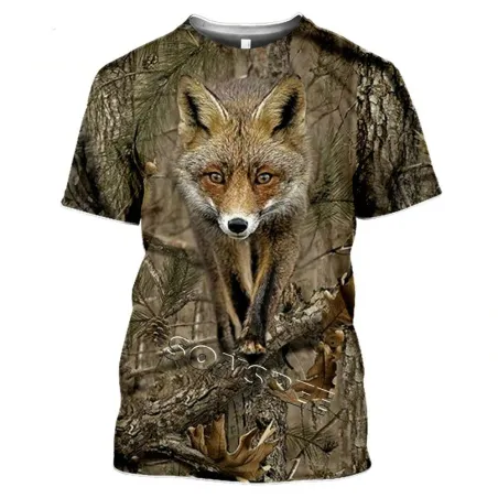 Casual kortærmet t-shirt - jagtdyr printet - elg / kanin