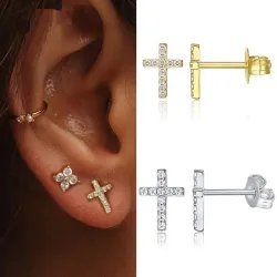 Orecchini a bottone piccoli - con zircone - geometrico / croce / stella - Argento 925