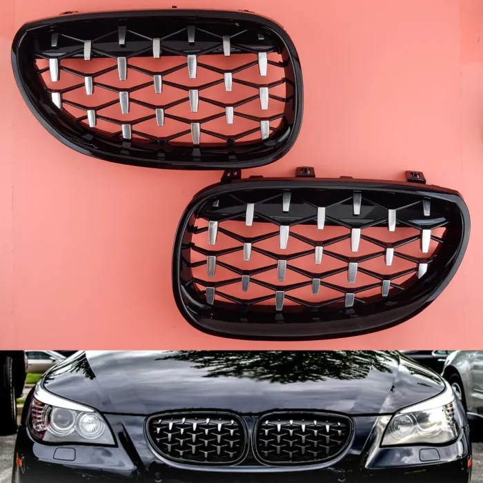 Främre njure - galler - blank svart diamant - för BMW E60 E61 528i 550i 535i M5