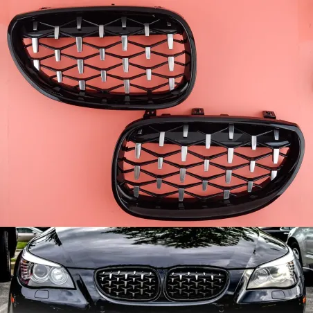 Främre njure - galler - blank svart diamant - för BMW E60 E61 528i 550i 535i M5