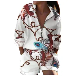 Macacão fashion de duas peças - com zíper - top manga longa / shorts - borboletas / letras / folhas impressas