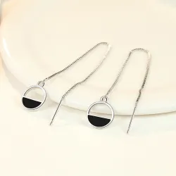 Brincos elegantes com corrente longa / pingente redondo - prata de lei 925