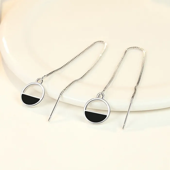 Eleganti orecchini con catena lunga / pendente tondo - Argento 925