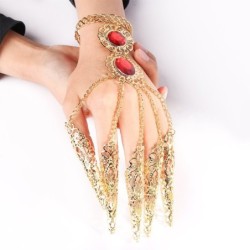 Anel de cinco dedos - com correntes - pulseira de ouro - flores ocas / cristais vermelhos