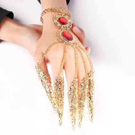 Pierścionek z pięcioma palcami - z łańcuszkami - złota bransoletka - drążone kwiaty / czerwone kryształyBransoletki