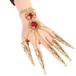 Bague cinq doigts - avec chaînes - bracelet or - fleurs évidées / cristaux rouges