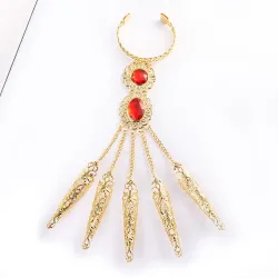 Fünf-Finger-Ring - mit Ketten - goldenes Armband - ausgehöhlte Blumen / rote Kristalle