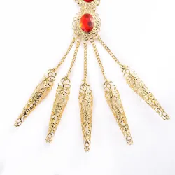 Femfingerring - med kedjor - guldarmband - ihåliga blommor / röda kristaller