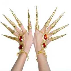 Femfingerring - med lenker - gullarmbånd - uthulte blomster / røde krystaller